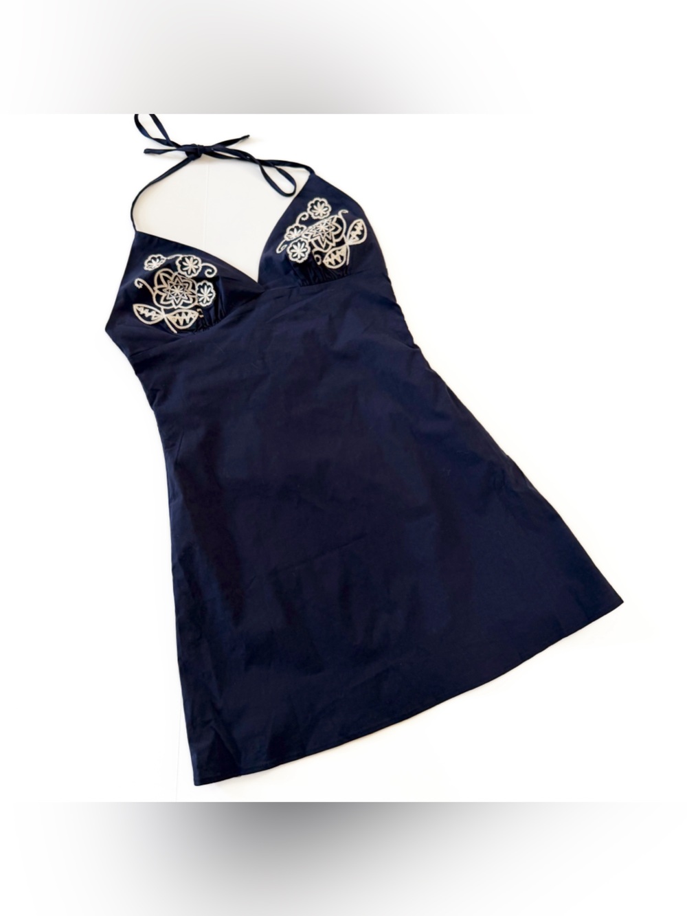 Princess Polly Dress Womens US 6 Navy Blue Embroidered Mini Halter New - Picture 2 of 11
